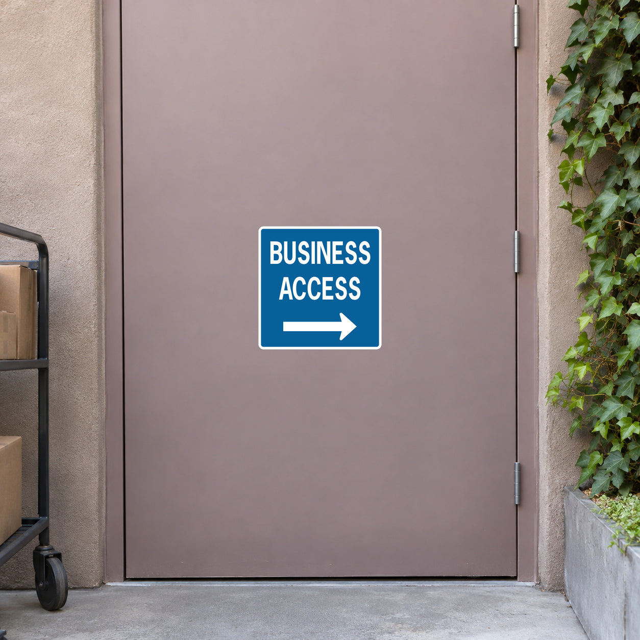 Road sign sticker with blue “BUSINESS ACCESS” text and right arrow