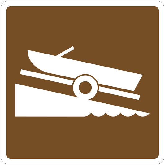 Road sign sticker: brown square with white train and track icon