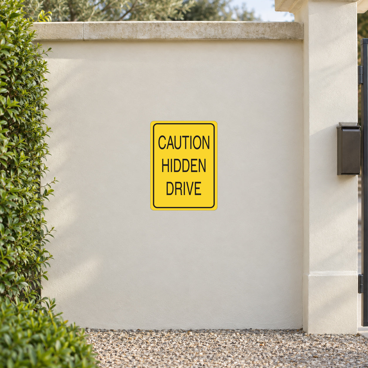 Yellow road sign sticker with CAUTION HIDDEN DRIVE text