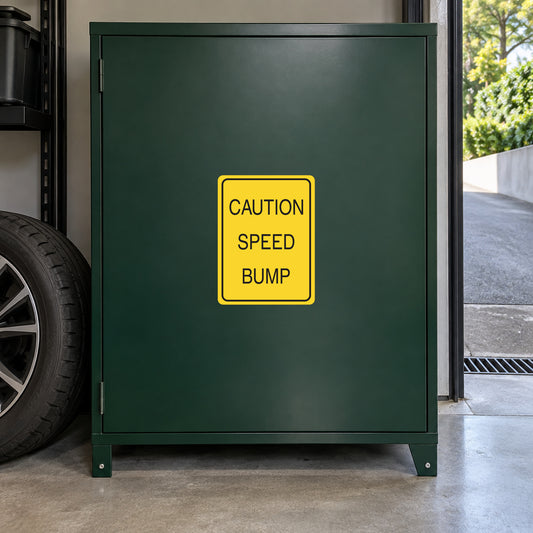 Yellow road sign sticker with black “CAUTION SPEED BUMP” text in a square border