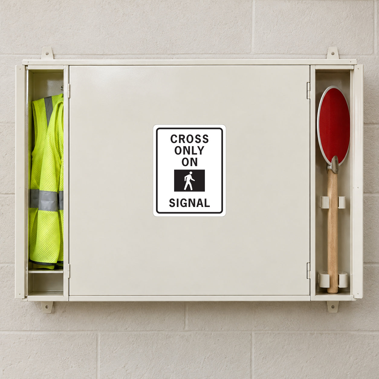 Road sign sticker with white border: "CROSS ONLY ON SIGNAL" pedestrian symbol