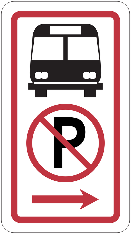 Red-bordered road sign sticker with bus icon, no bus symbol and right arrow.