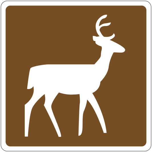 Road sign sticker with white deer silhouette on brown background