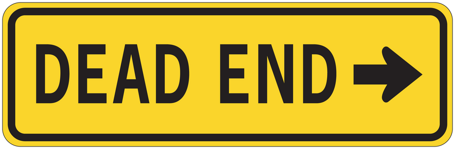 Road sign sticker: yellow with black border, 'DEAD END' and right arrow