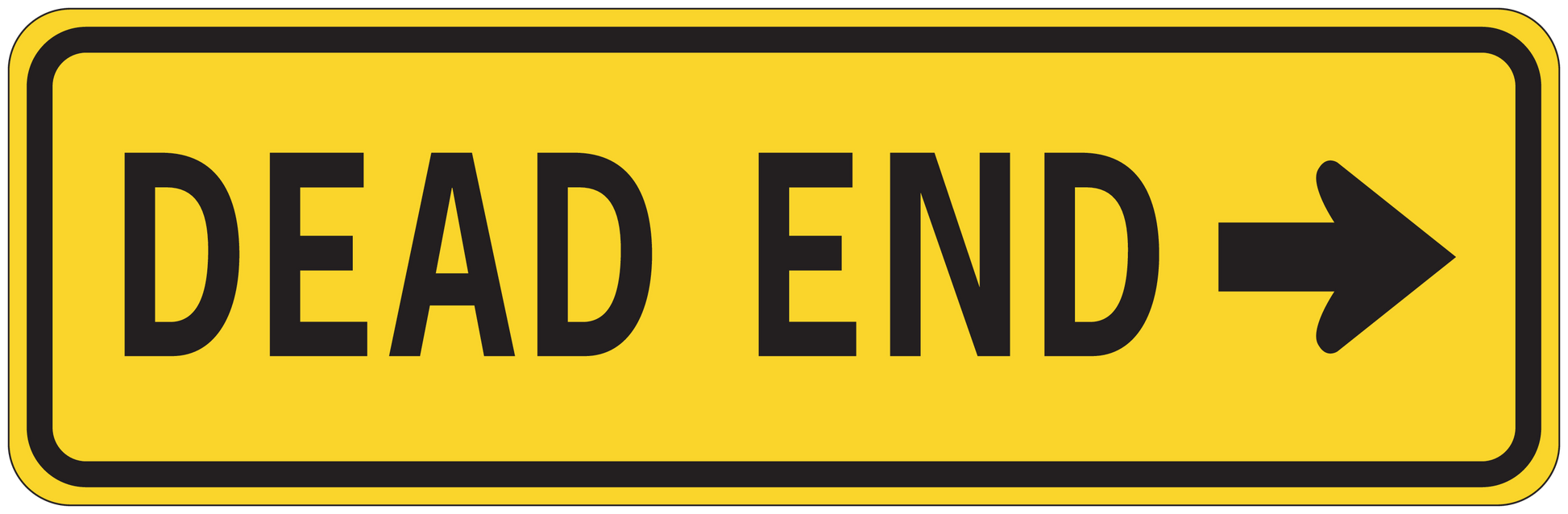 Road sign sticker: yellow with black border, 'DEAD END' and right arrow