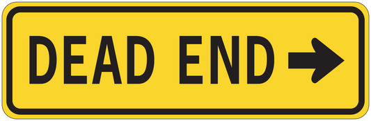 Road sign sticker: yellow with black border, 'DEAD END' and right arrow