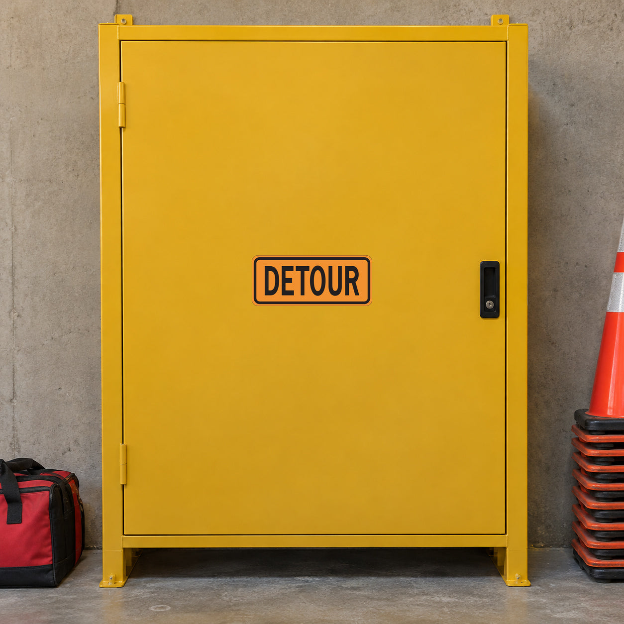Detour road sign sticker on a yellow sign panel