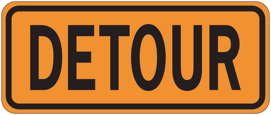 Road sign style sticker with orange DETOUR text and black border