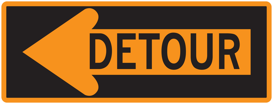 Detour road sign sticker with left-pointing orange arrow and DETOUR text