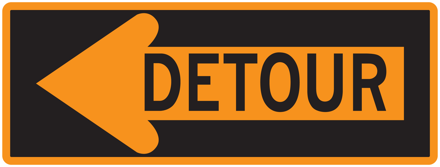 Detour road sign sticker with left-pointing orange arrow and DETOUR text