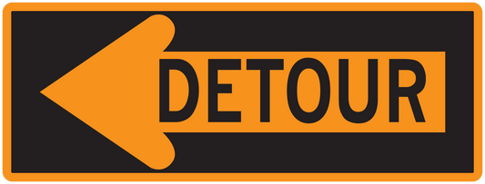 Detour road sign sticker with left-pointing orange arrow and DETOUR text