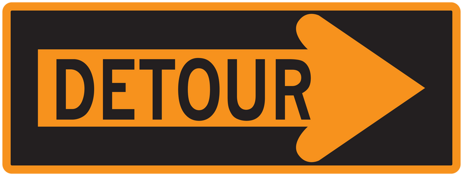Road sign sticker with orange DETOUR text and right-pointing arrow on dark background