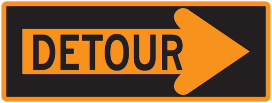 Road sign sticker with orange DETOUR text and right-pointing arrow on dark background