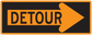 Road sign sticker with orange DETOUR text and right-pointing arrow on dark background