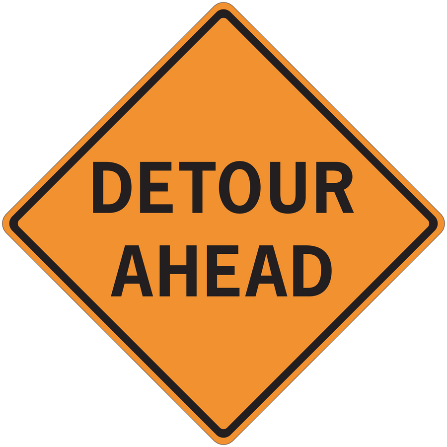 Road sign sticker, orange diamond with black border and text "DETOUR AHEAD"