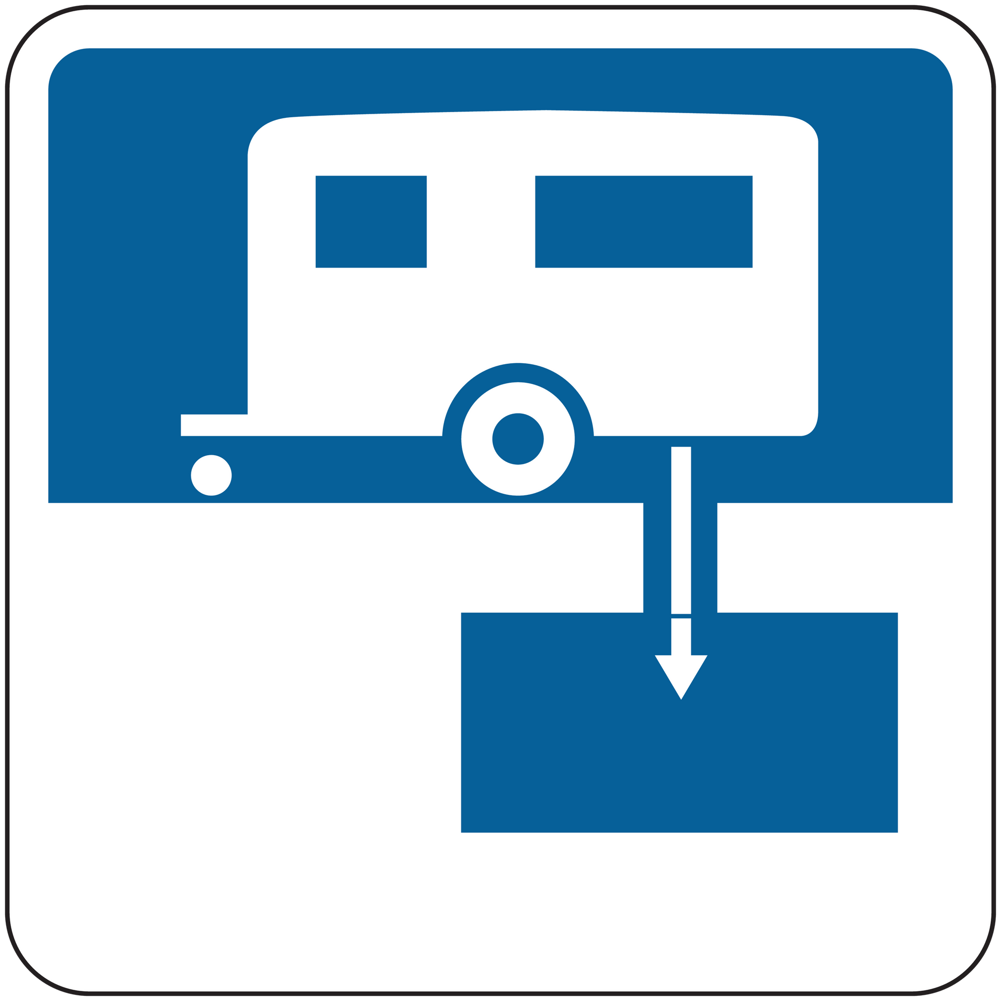 Blue road sign sticker with white truck icon and downward arrow graphic