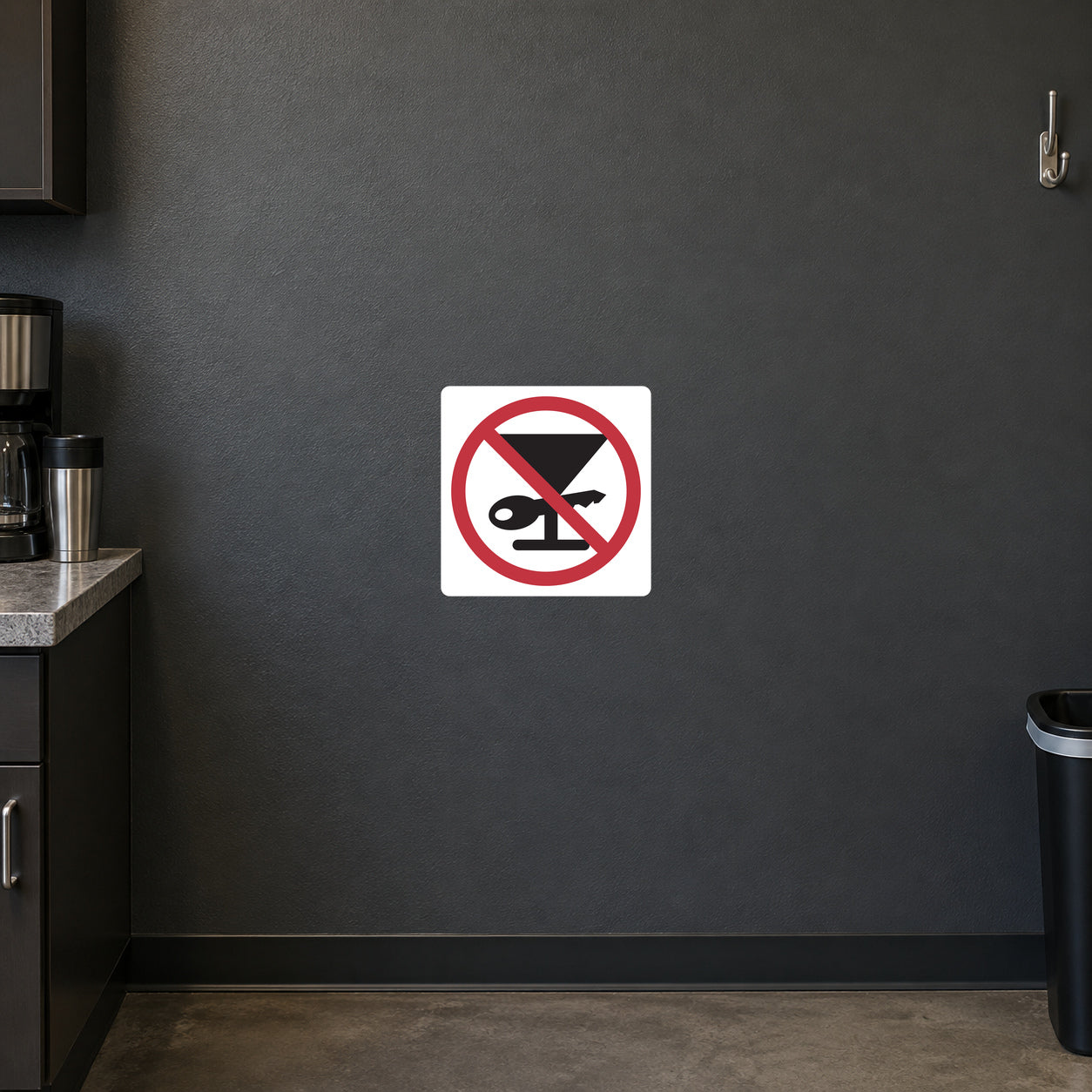 Square road sign sticker with red prohibition circle over fish icon