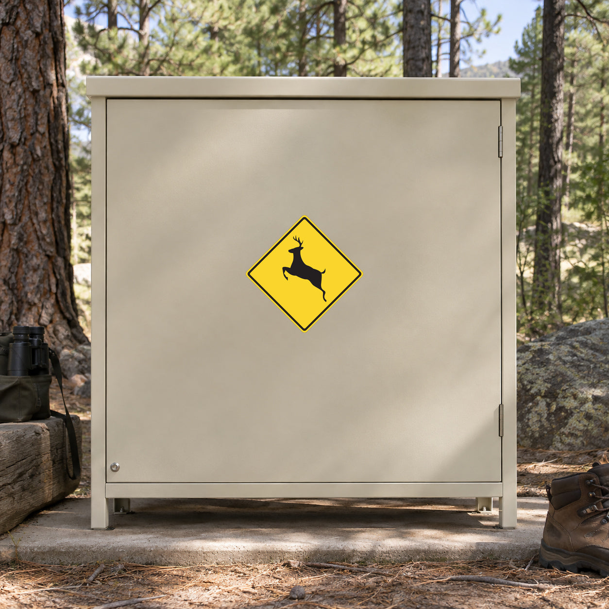 Road sign sticker with yellow diamond warning symbol and black figure graphic