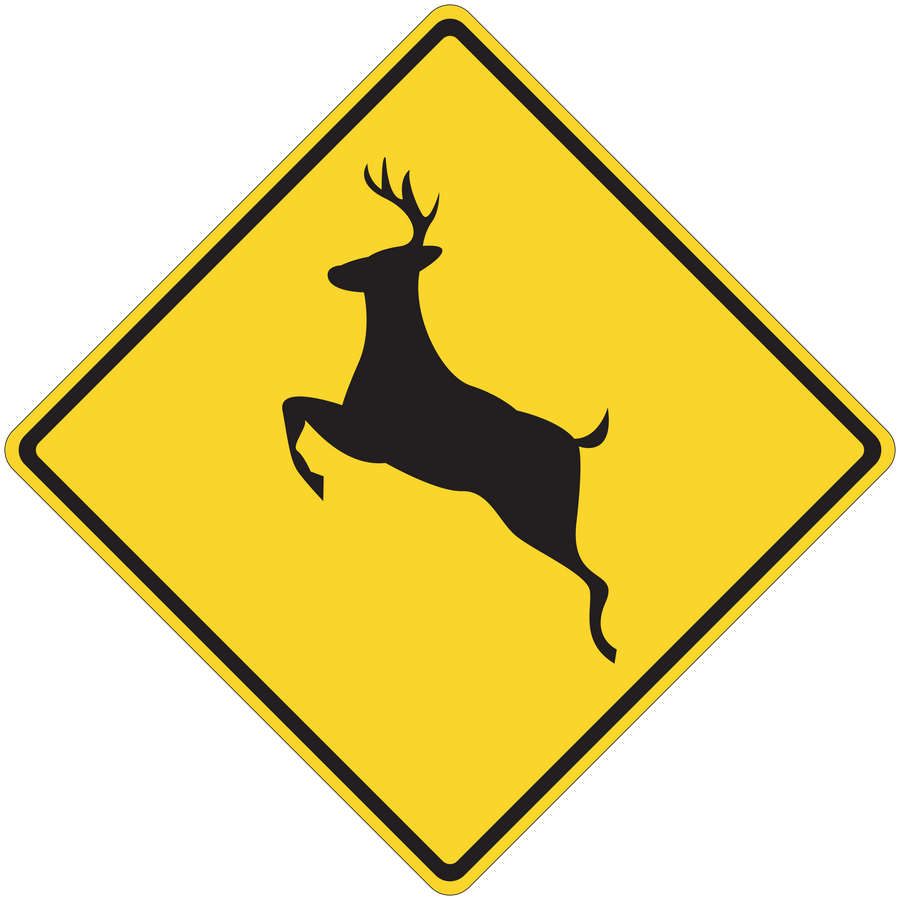 Yellow road sign sticker with black deer silhouette inside diamond