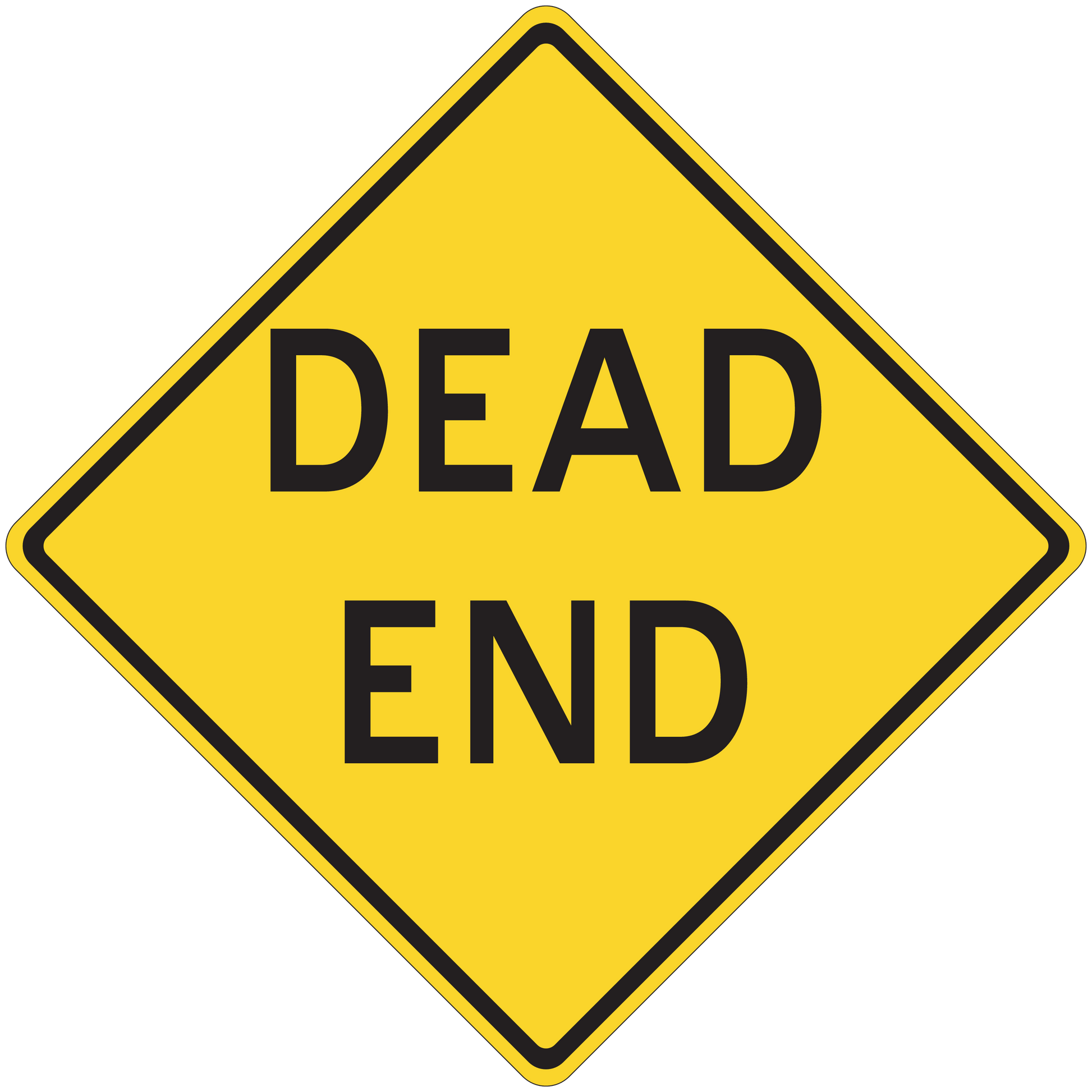 Road sign sticker with yellow diamond 'DEAD END' and black border