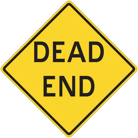 Road sign sticker with yellow diamond 'DEAD END' and black border
