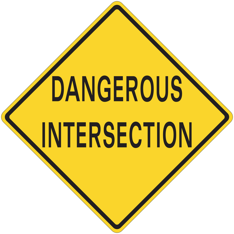 Yellow road sign sticker, black diamond border, 'DANGEROUS INTERSECTION' text