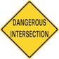 Yellow road sign sticker, black diamond border, 'DANGEROUS INTERSECTION' text