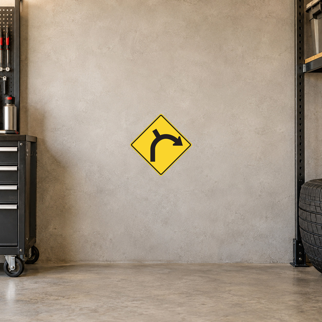 Yellow road sign sticker with black curved arrow and left turn symbol