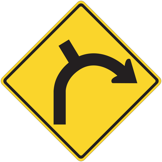 Road sign sticker: yellow diamond with black curved arrow pointing right
