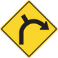 Road sign sticker: yellow diamond with black curved arrow pointing right
