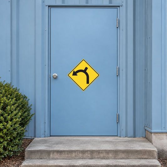 Yellow diamond road sign sticker with left-turn arrow