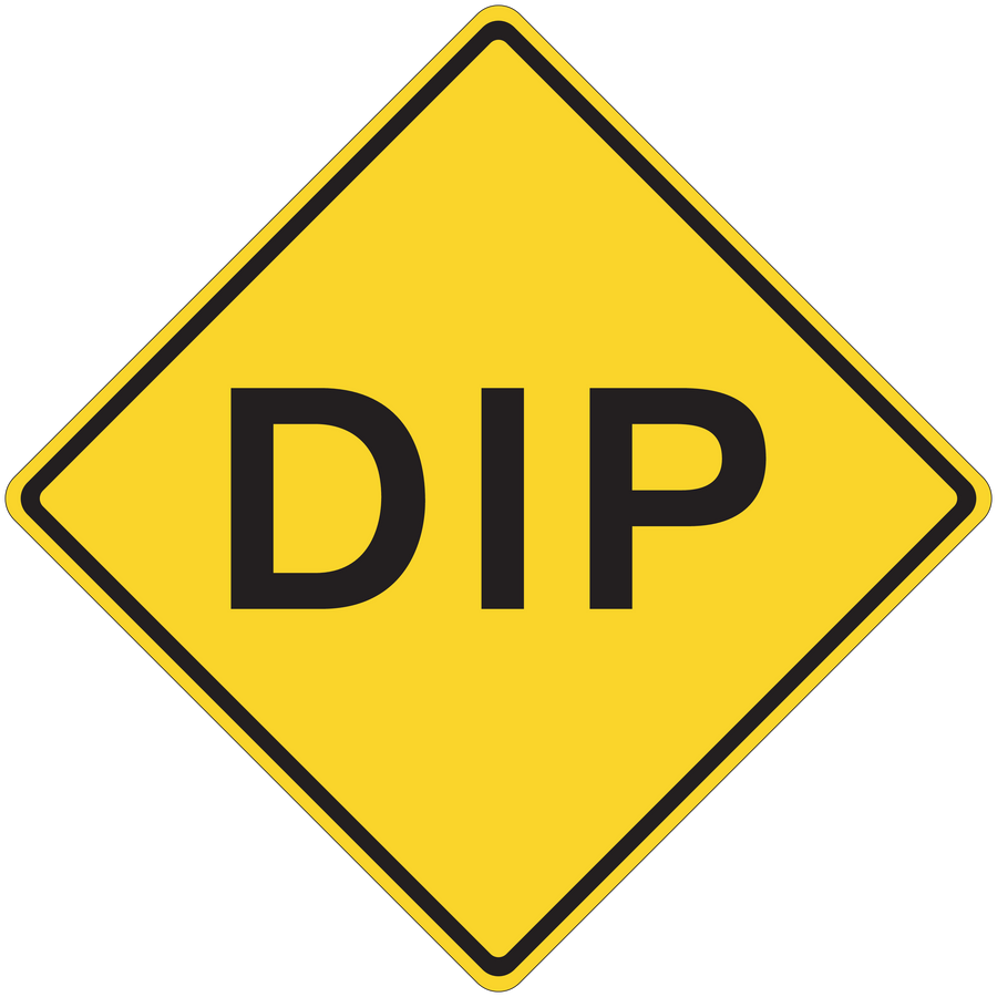 Yellow road sign sticker diamond with black border and 'DIP' lettering