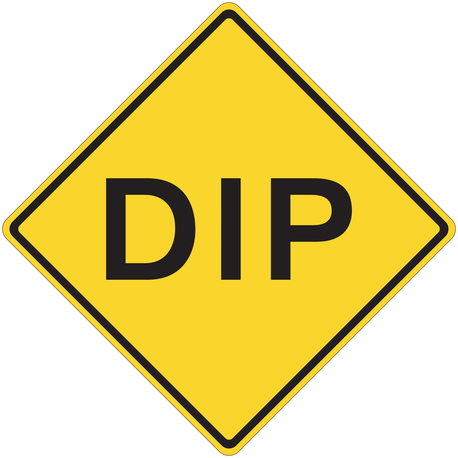 Yellow road sign sticker diamond with black border and 'DIP' lettering