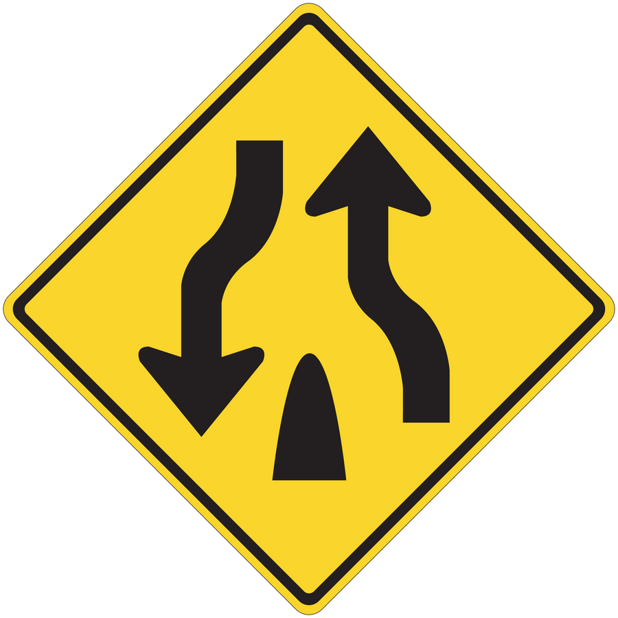 Yellow road sign sticker with black arrows pointing up and down in a diamond
