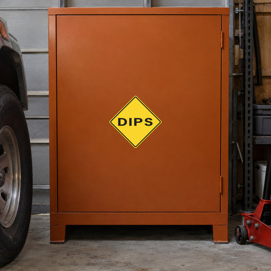 Road sign sticker: yellow diamond warning with "DIPS" text
