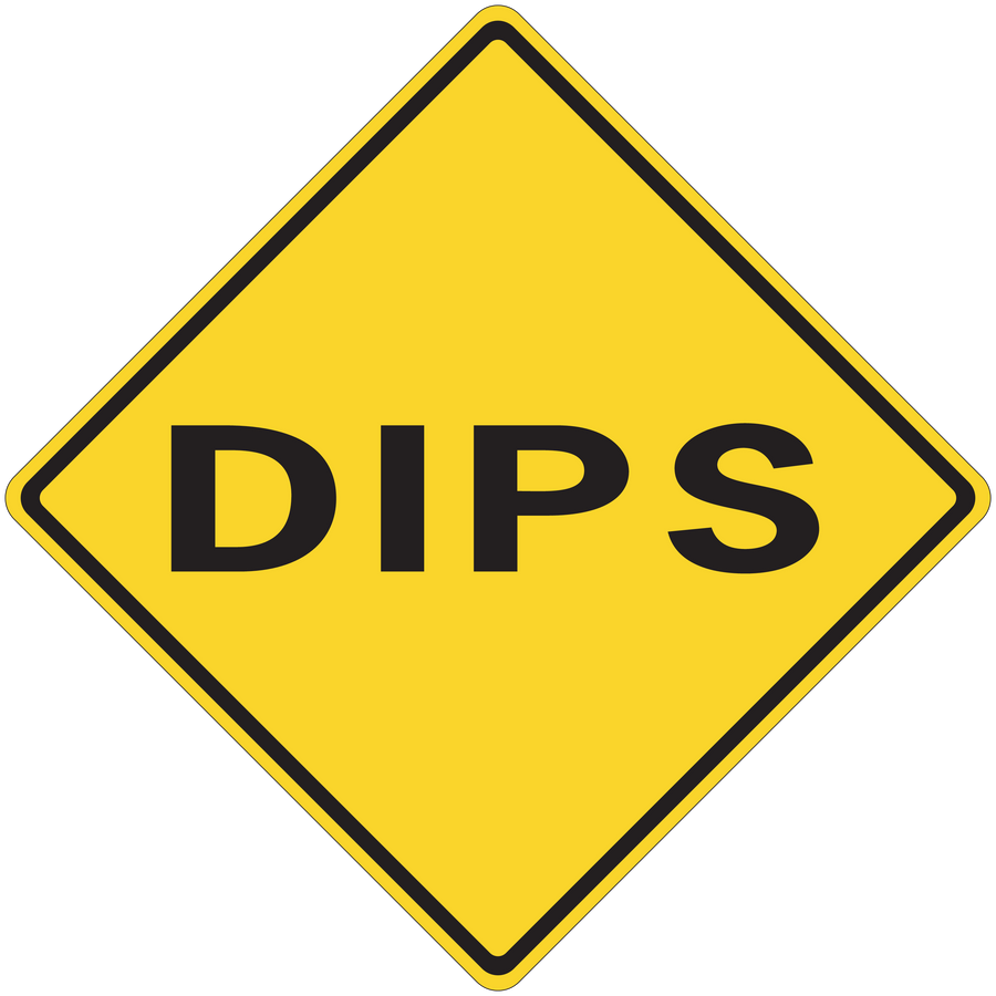 Road sign sticker with yellow diamond and black 'DIPS' text