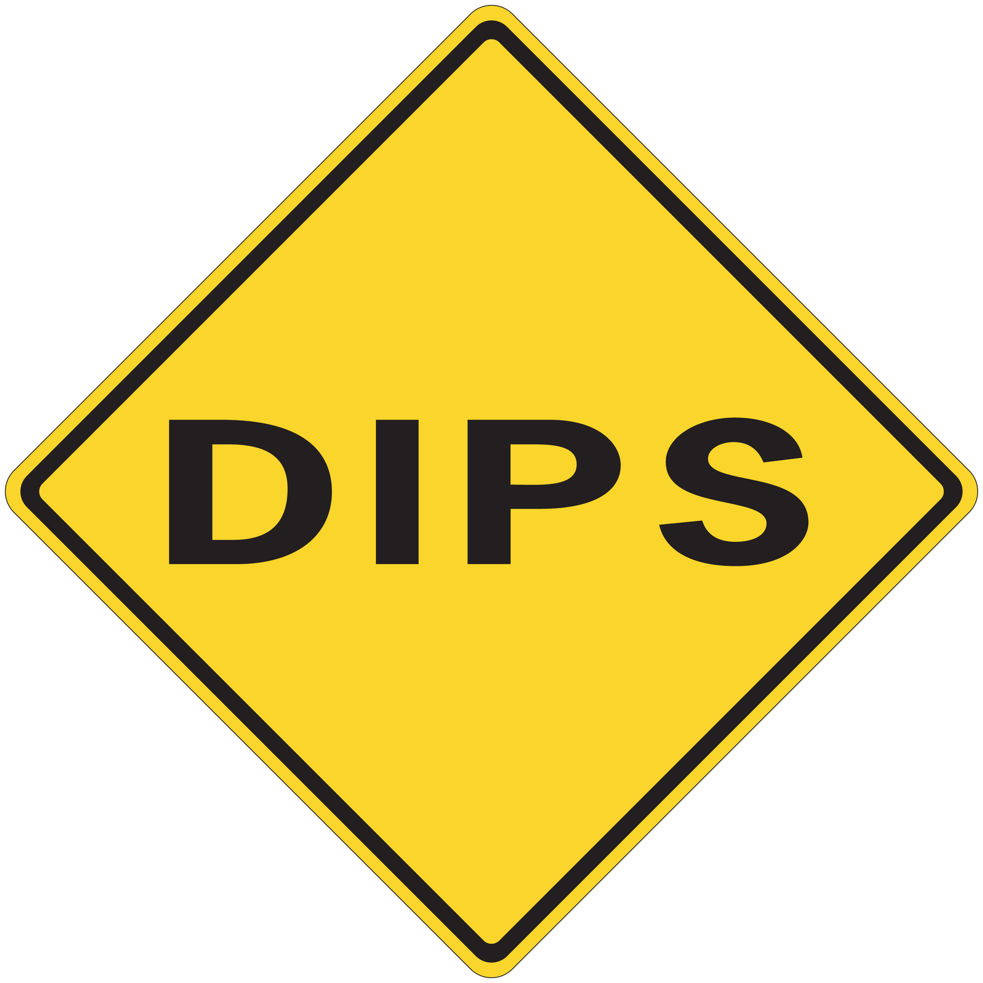 Road sign sticker with yellow diamond and black 'DIPS' text