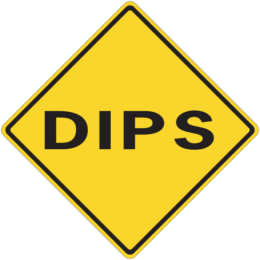Road sign sticker with yellow diamond and black 'DIPS' text