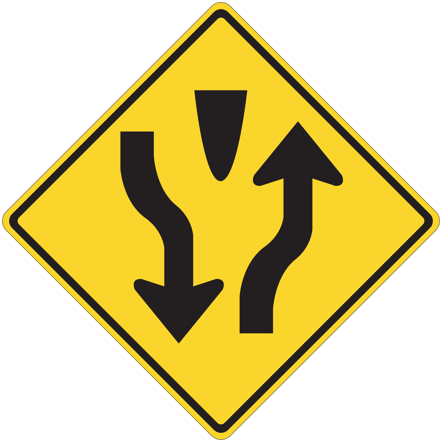 Road sign sticker with yellow diamond and black traffic arrows pointing up and down