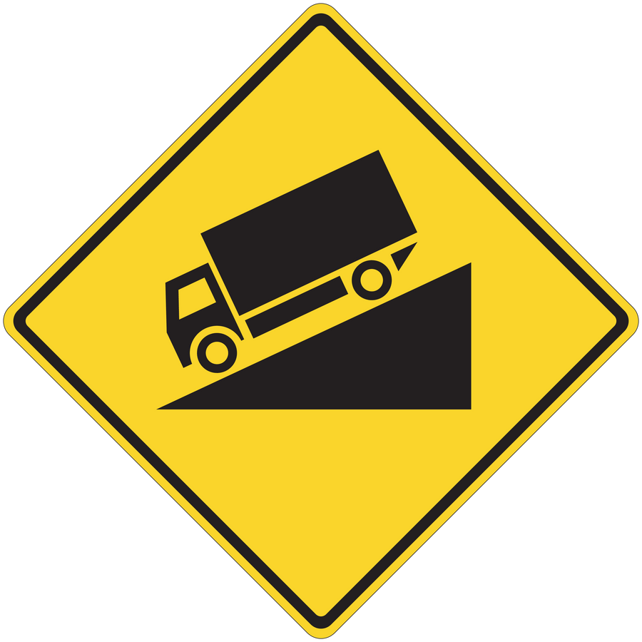 Yellow road sign sticker with black truck icon and right-turn arrow