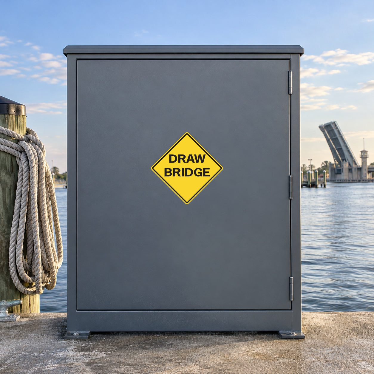 Road sign sticker with yellow diamond “DRAW BRIDGE” warning