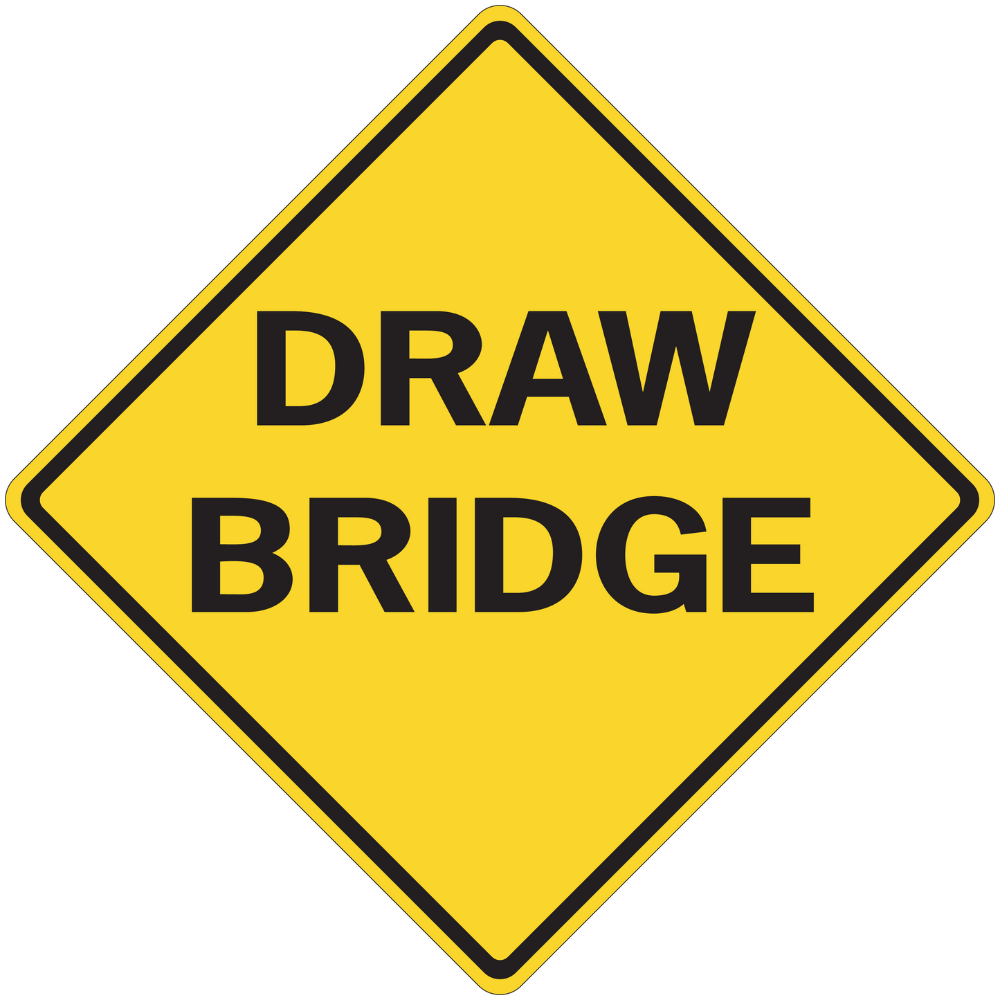 Yellow road sign sticker with black border reading “DRAW BRIDGE”