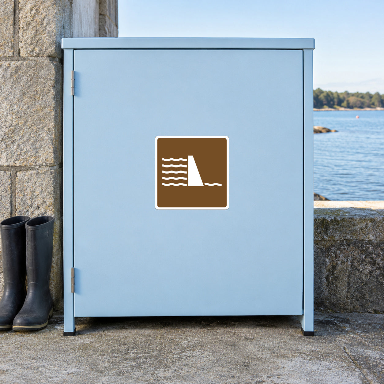 Road sign sticker: square brown wave and lighthouse icon on light blue background