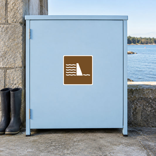 Road sign sticker: square brown wave and lighthouse icon on light blue background