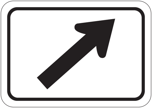 Road sign sticker: black right-pointing arrow on white, rounded rectangle border