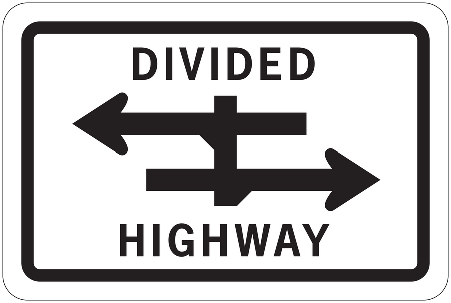 Divided highway road sign sticker with left and right arrows, text 'DIVIDED HIGHWAY'