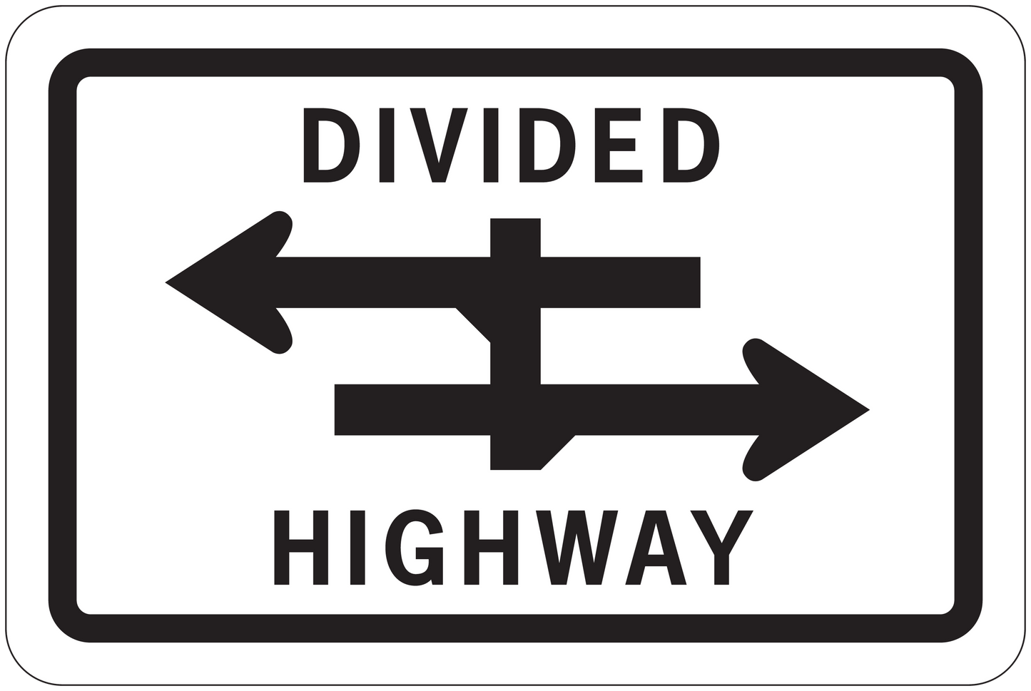 Divided highway road sign sticker with left and right arrows, text 'DIVIDED HIGHWAY'