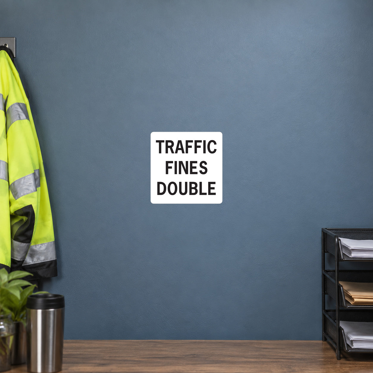 Road Sign Sticker applied in A slate blue road crew office smooth wall with folded reflective jacket extreme left and document tray far right, empty center