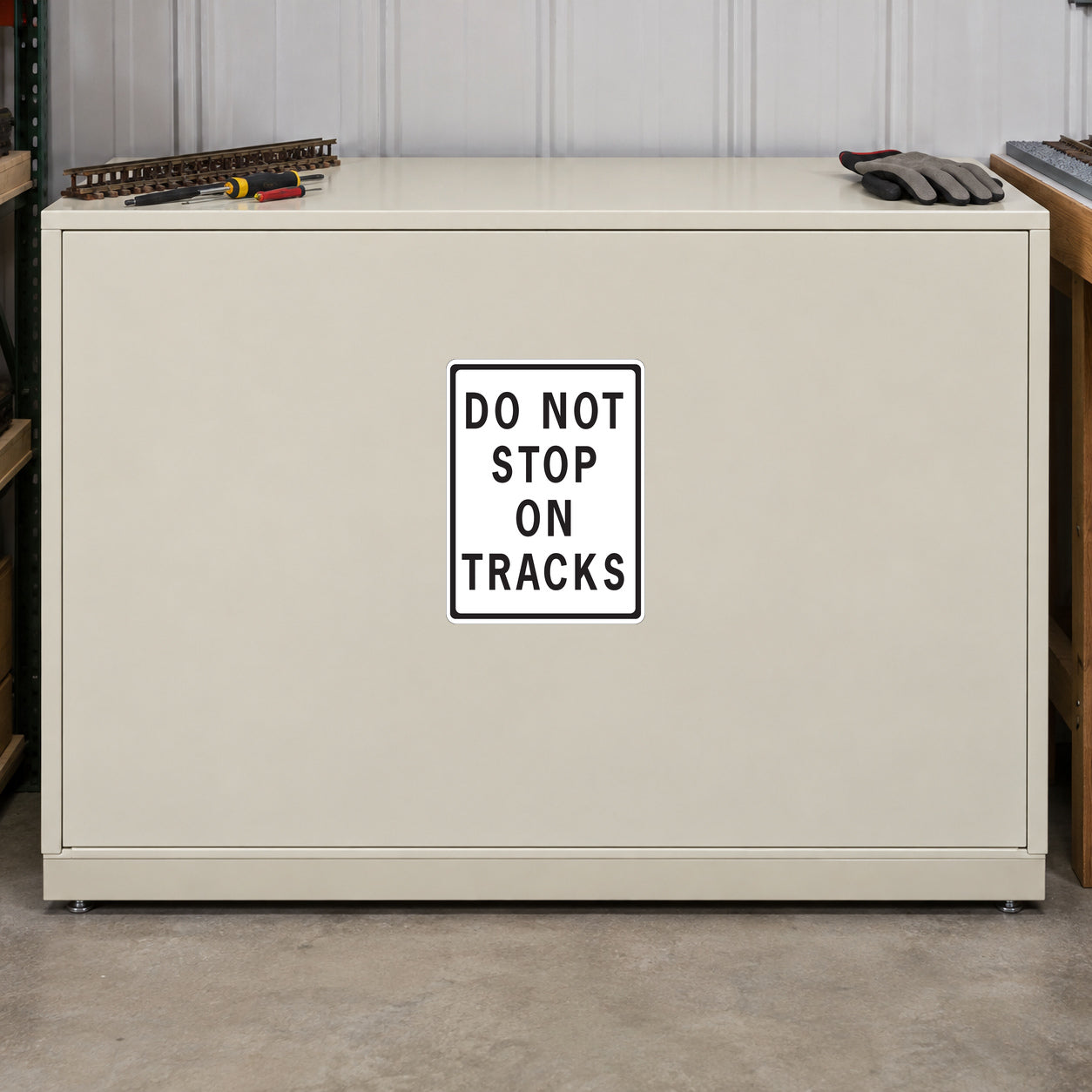 Road sign style sticker with "DO NOT STOP ON TRACKS" text