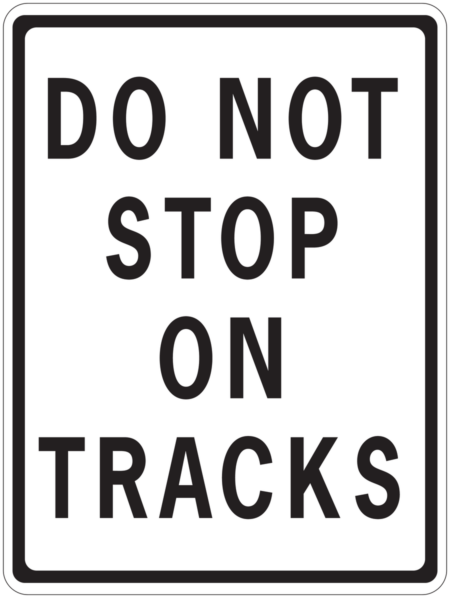 Road sign sticker with "DO NOT STOP ON TRUCKS" warning text